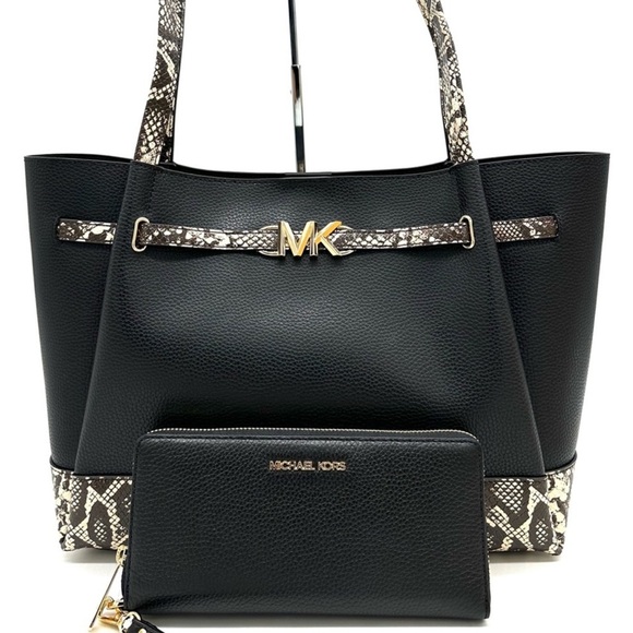 Michael Kors Reed Large Tote Bag & Large Continental Wallet Snakeskin Black - Picture 1 of 14